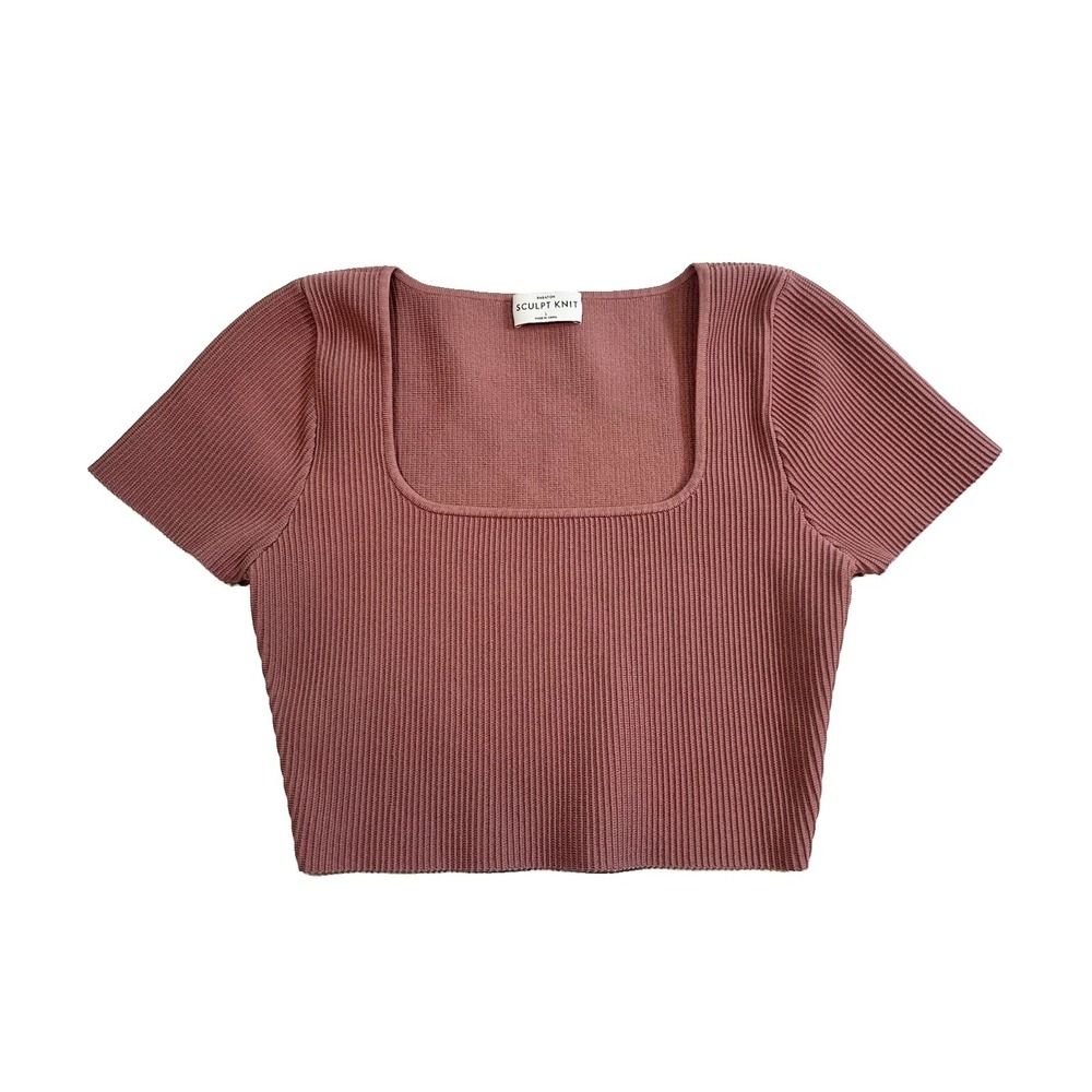Aritzia Babaton Womens LARGE Sculpt Knit Square Neck Mauve Crop Top Short Sleeve
